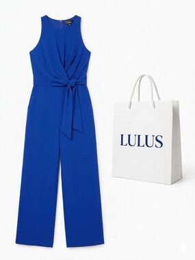 Lulu's Cobalt Blue Sleeveless Tie-Front Wide-Leg Jumpsuit